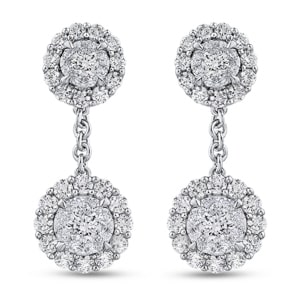 a pair of Shah Luxury drop diamond earrings with halo details.
