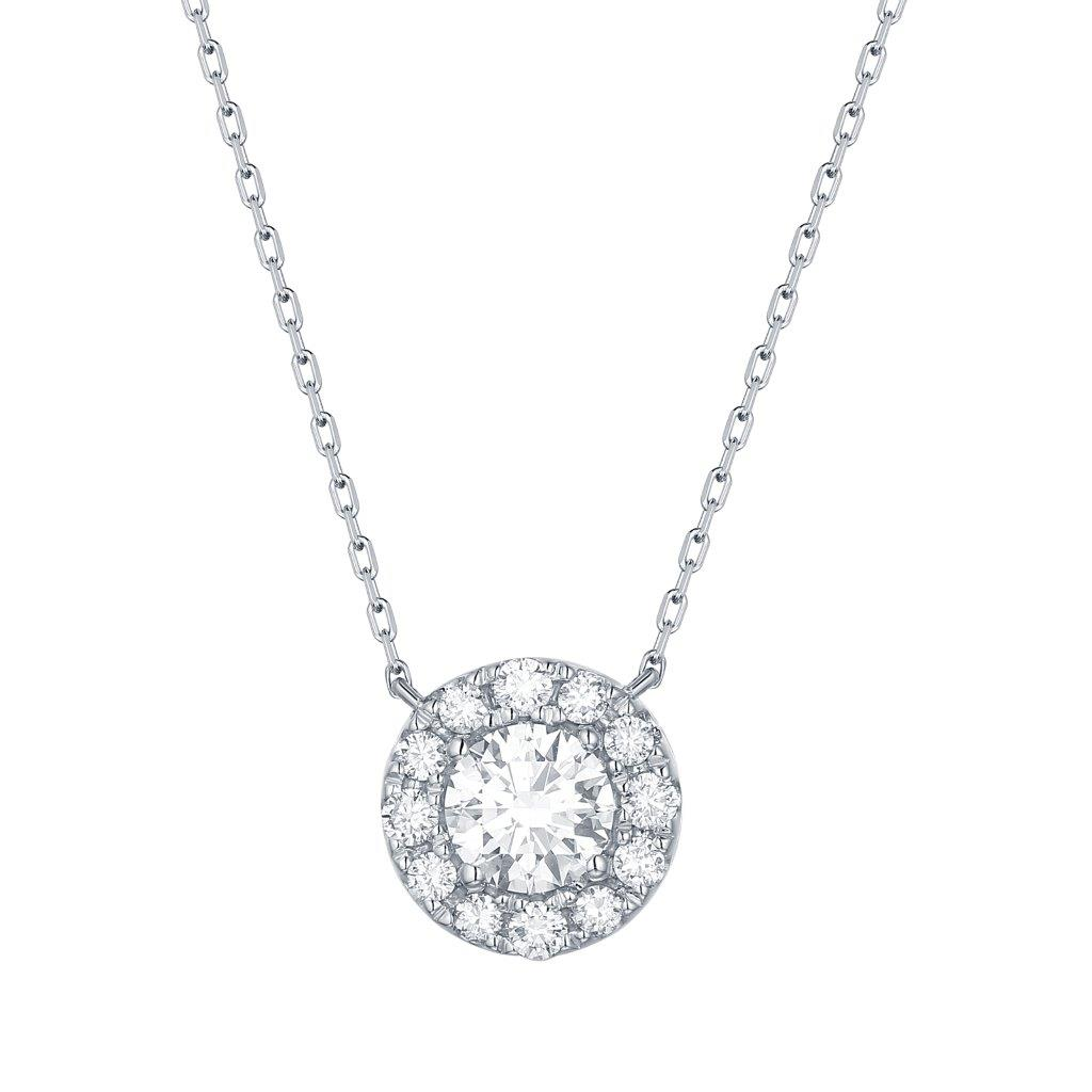 An elegant 14K white gold halo diamond pendant necklace.