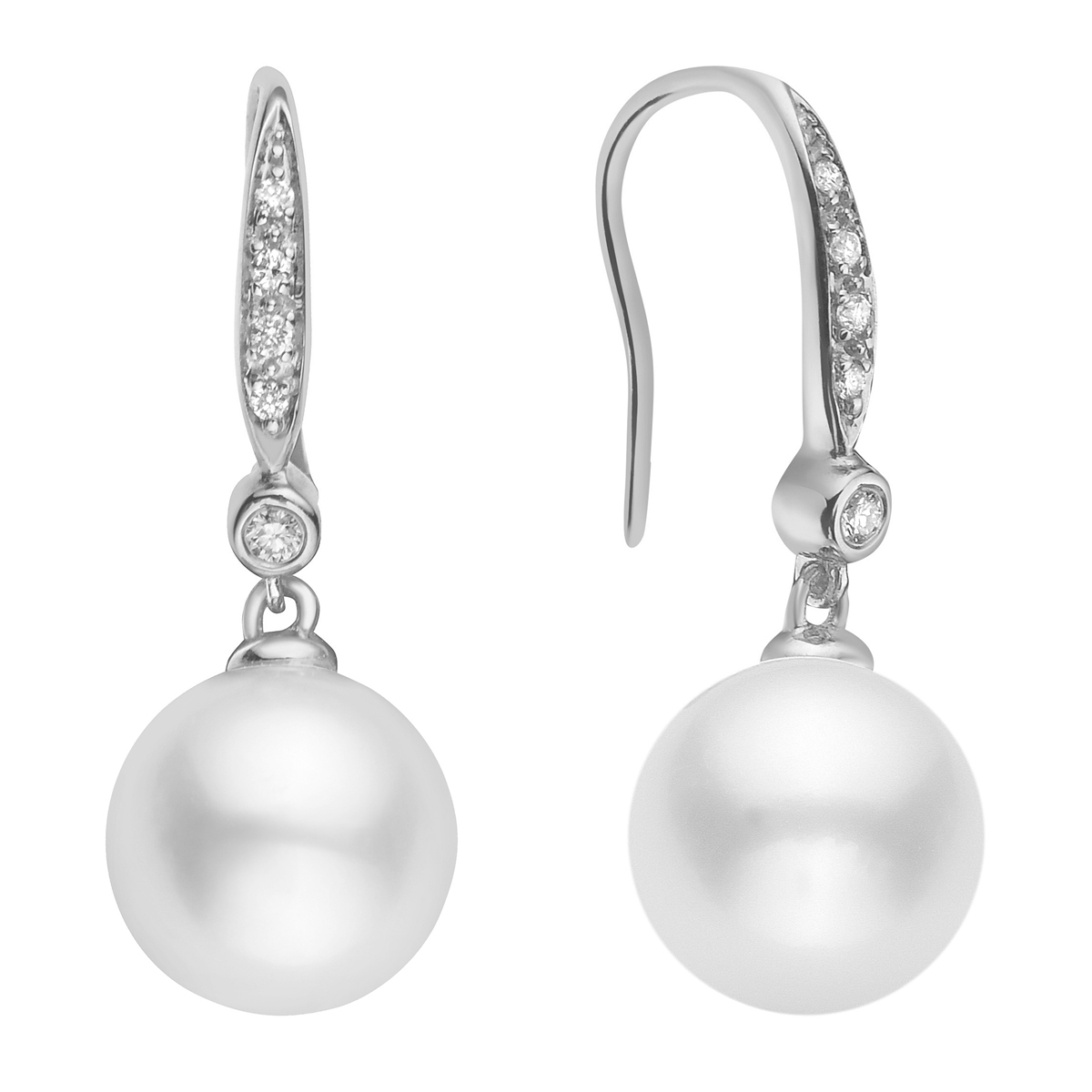 Pretty white gold pearl earrings with sparkling diamond-studded hooks.