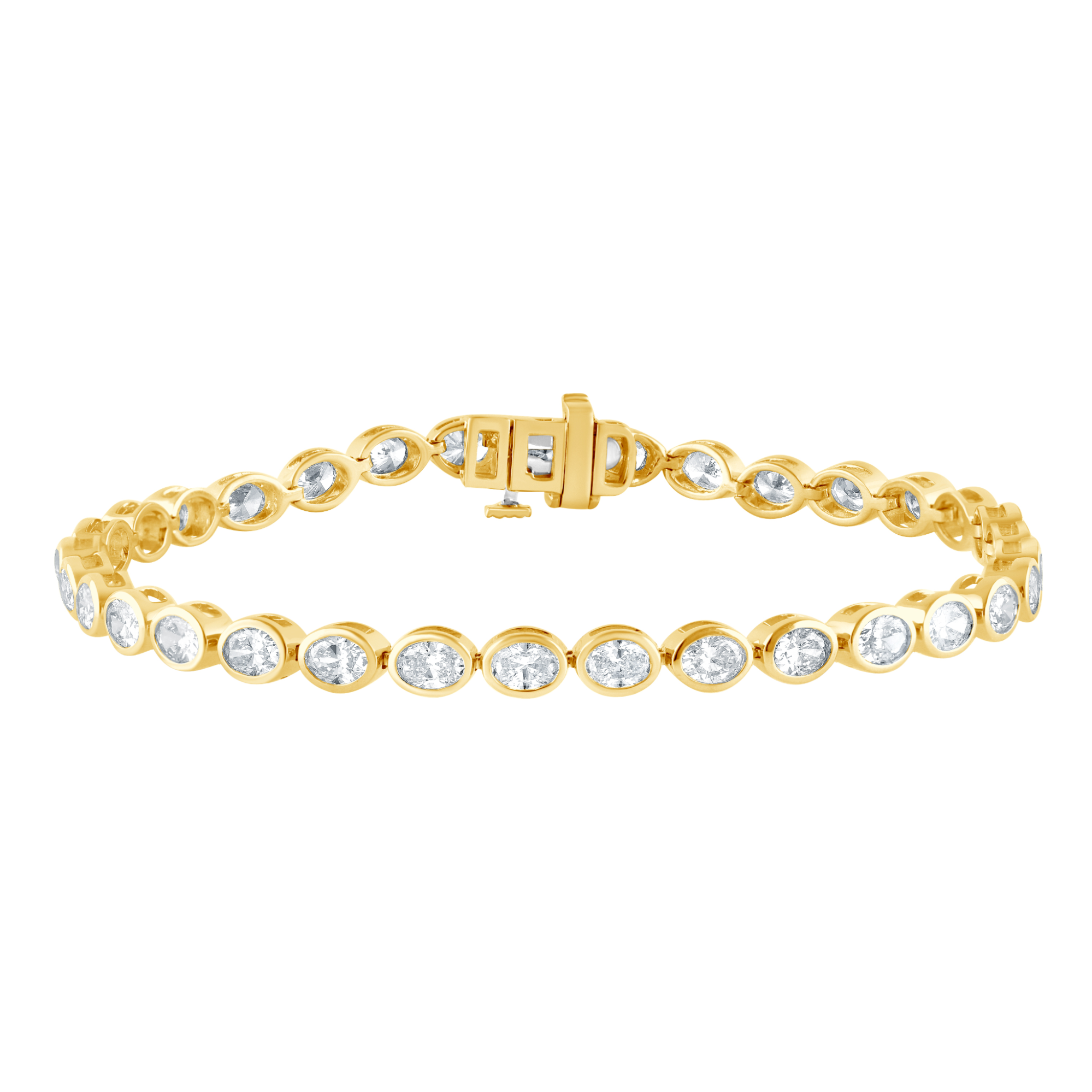 A delicate gold tennis bracelet adorned with oval-shaped diamonds.