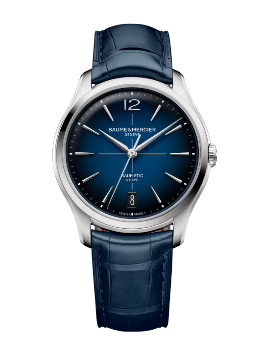 A modern Baume & Mercier watch with a blue dial and sleek leather strap.