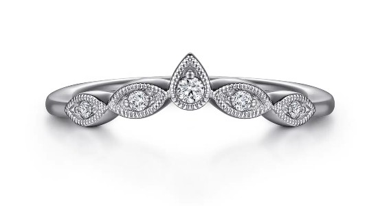 a white gold curved diamond wedding band with milgrain details