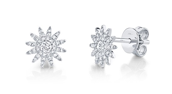 A pair of diamond starburst stud earrings from Shy Creation, available at Morgan Jewelers.