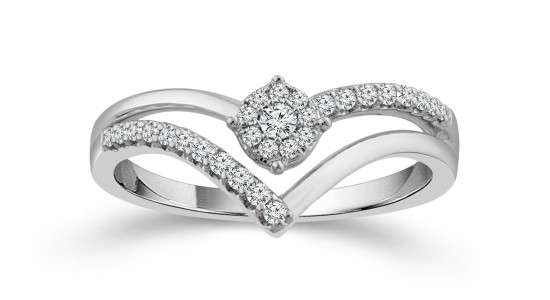 A white gold diamond fashion ring with a chevron double band, available at Morgan Jewelers.