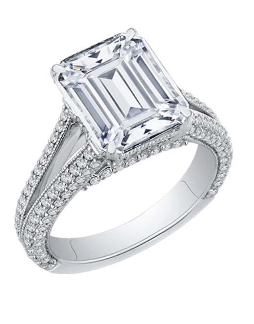 A white gold diamond split shank engagement ring with emerald cut center stone.