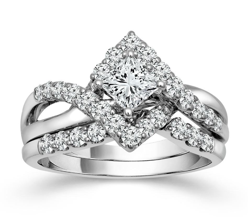 A white gold princess cut diamond wedding set with fluid lines