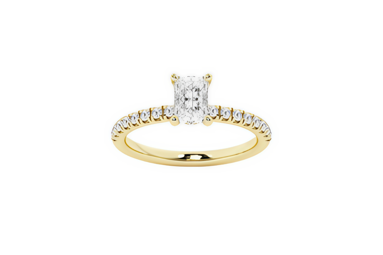 A yellow gold engagement ring with a radiant stone and a diamond band.