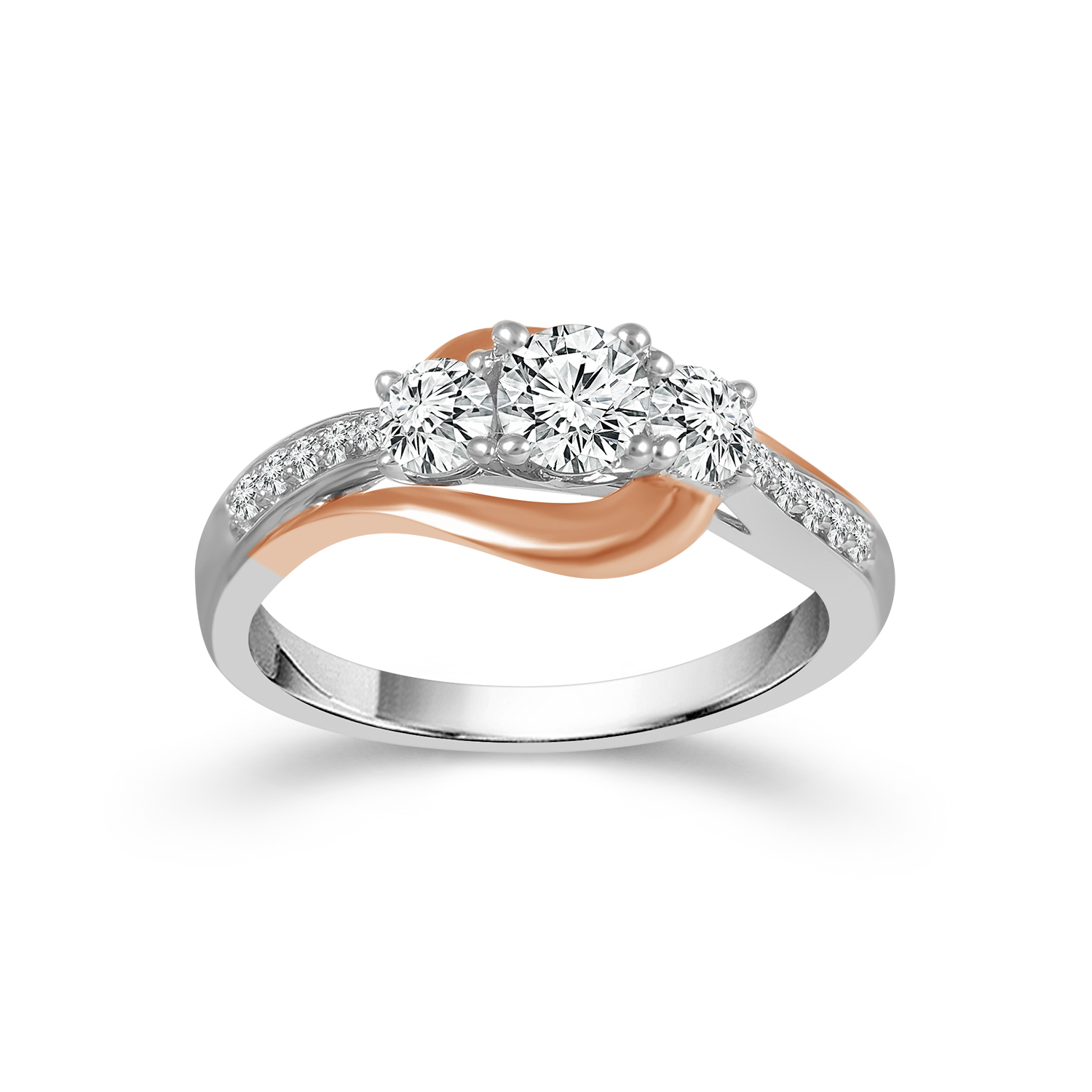 A mix of white and rose gold three stone diamond engagement ring with diamonds placed along the band.