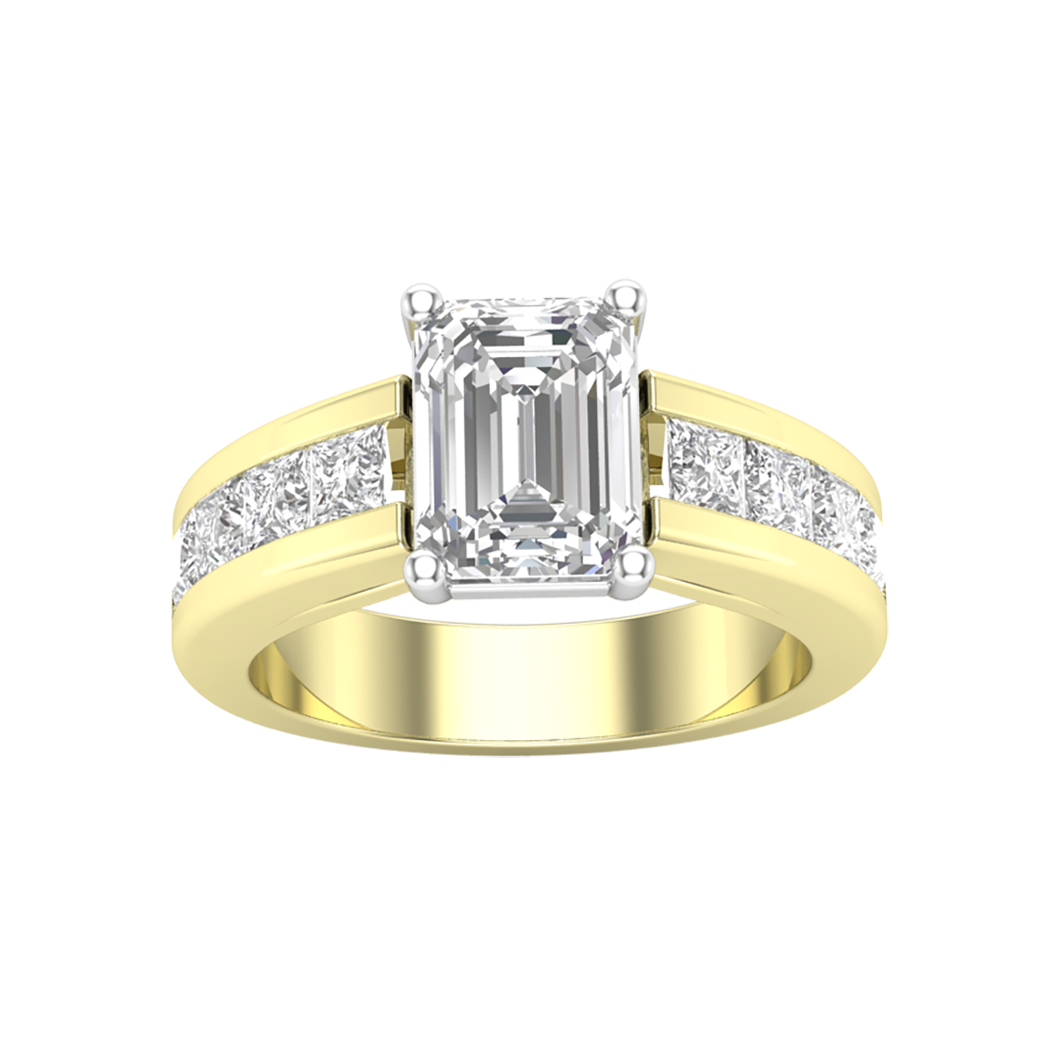 A yellow gold engagement ring with a line of diamonds placed in the middle of the band and center emerald cut diamond