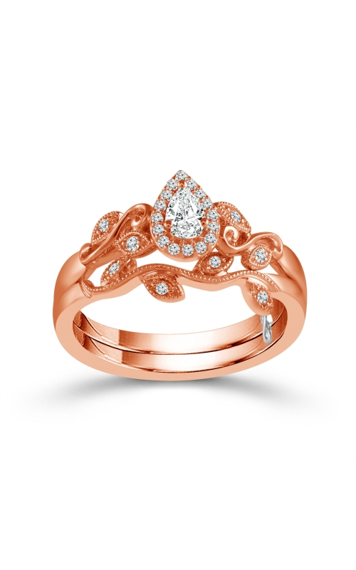 A rose gold ring set with a pear-shaped diamond centerpiece and intricate floral design, adorned with smaller diamonds.
