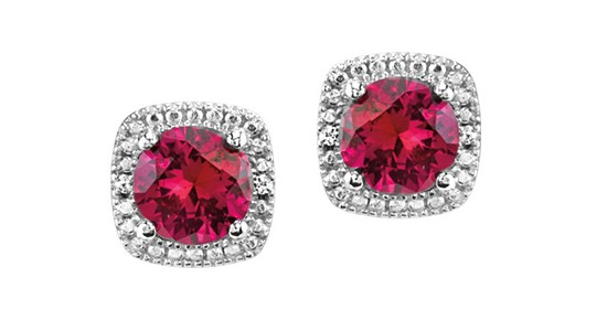 white gold ruby halo stud earrings with diamond halos