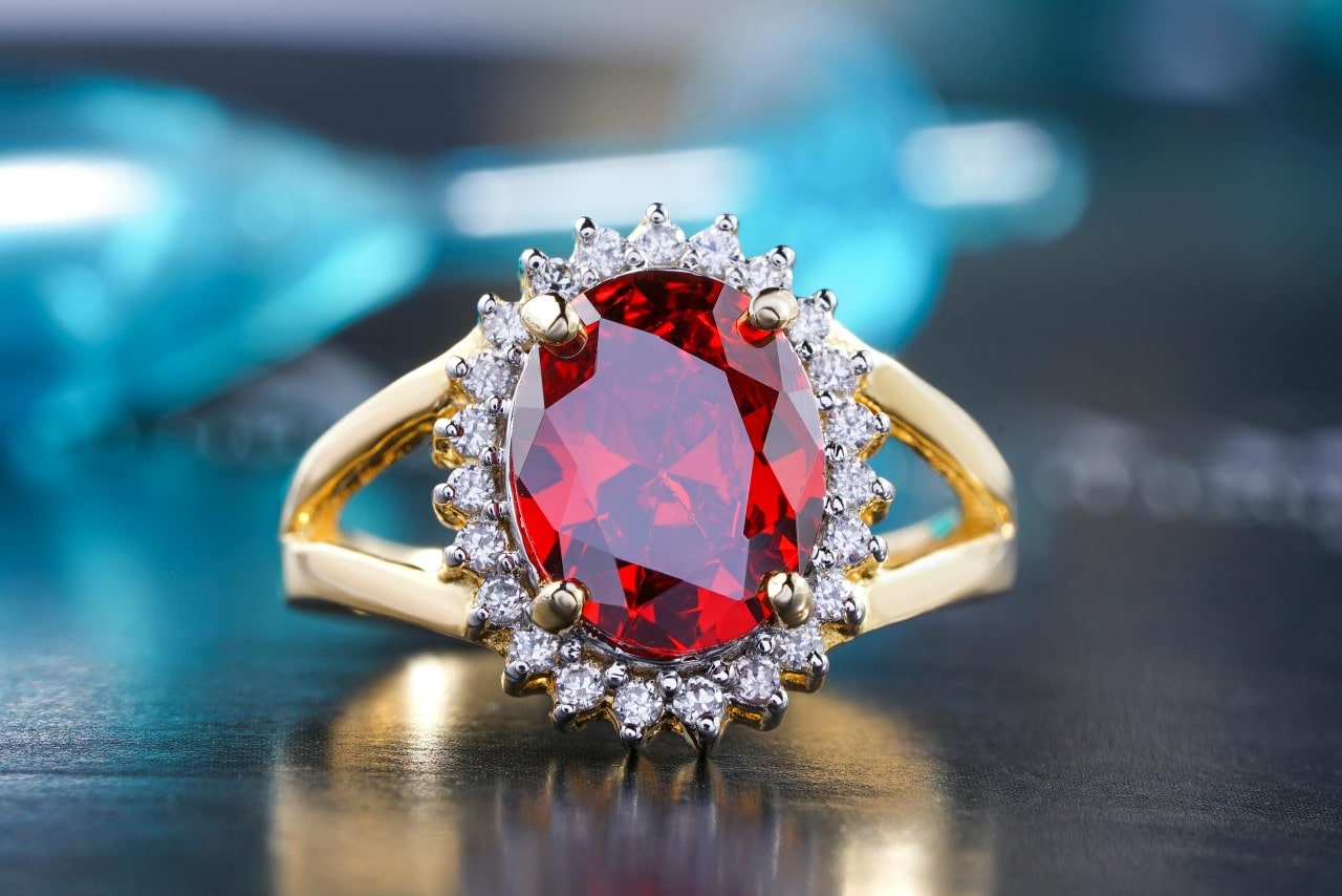 A ruby engagement ring with a gorgeous halo.