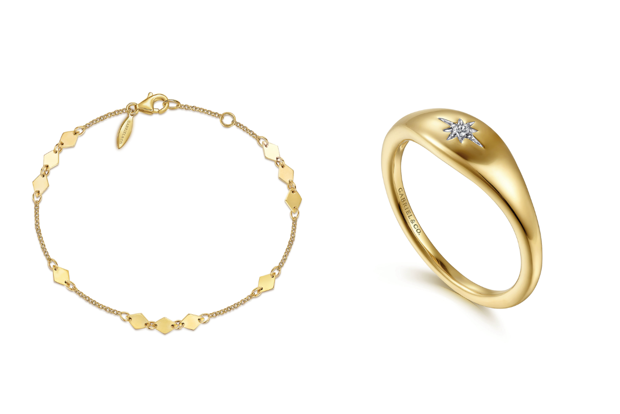 A yellow gold bracelet paired with a yellow gold ring.