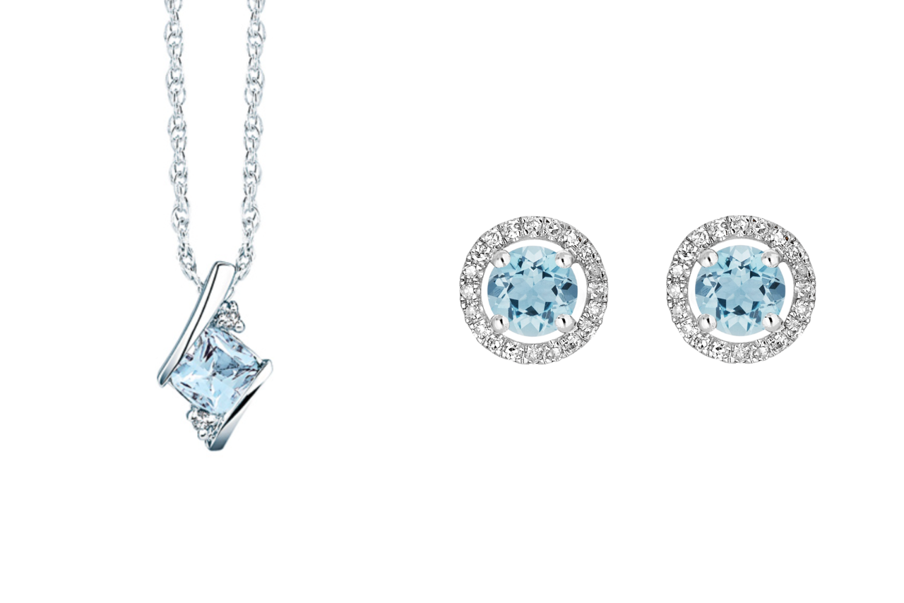 A stunning diamond shaped aquamarine necklace paired with circular aquamarine stud earrings.