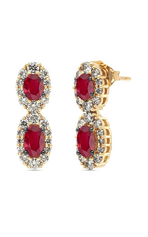 A yellow gold drop halo earrings with oval rubies.