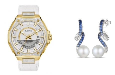 Bulova Stainless Steel Luxury Mens Watch (98J119) & Le Vian 14K Vanilla Gold Pearl and Sapphire Earrings