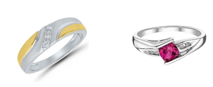 Two Morgan’s Collections rings: Men’s Diamond Band 1/10 CTW with 3 Round Diamonds 10K Two Tone Gold & Created Ruby and Diamond Ring in Sterling Silver