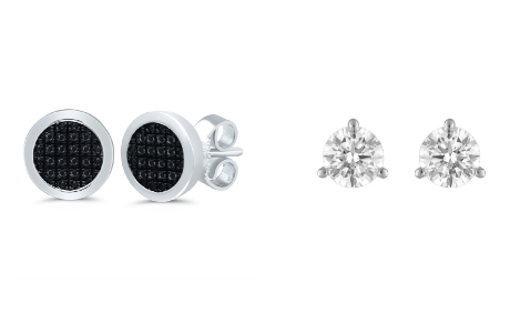 Morgan’s Collection Men’s Diamond Earrings Black Round Diamonds 1/10 CTW in Sterling Silver & Flashpoint Lab Created Ladies Round Diamond Stud Earrings 1CTW