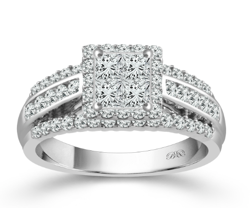 A white gold quad princess cut diamond engagement ring