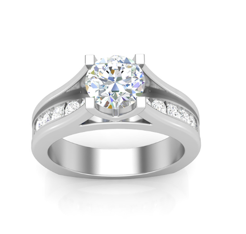 A white gold channel set diamond engagement ring with round center stone
