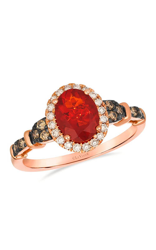 A rose gold fashion ring with oval red opal and chocolate diamonds.