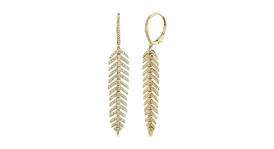 A pair of Shy Creation yellow gold drop earrings with a feather motif, available at Morgan Jewelers.