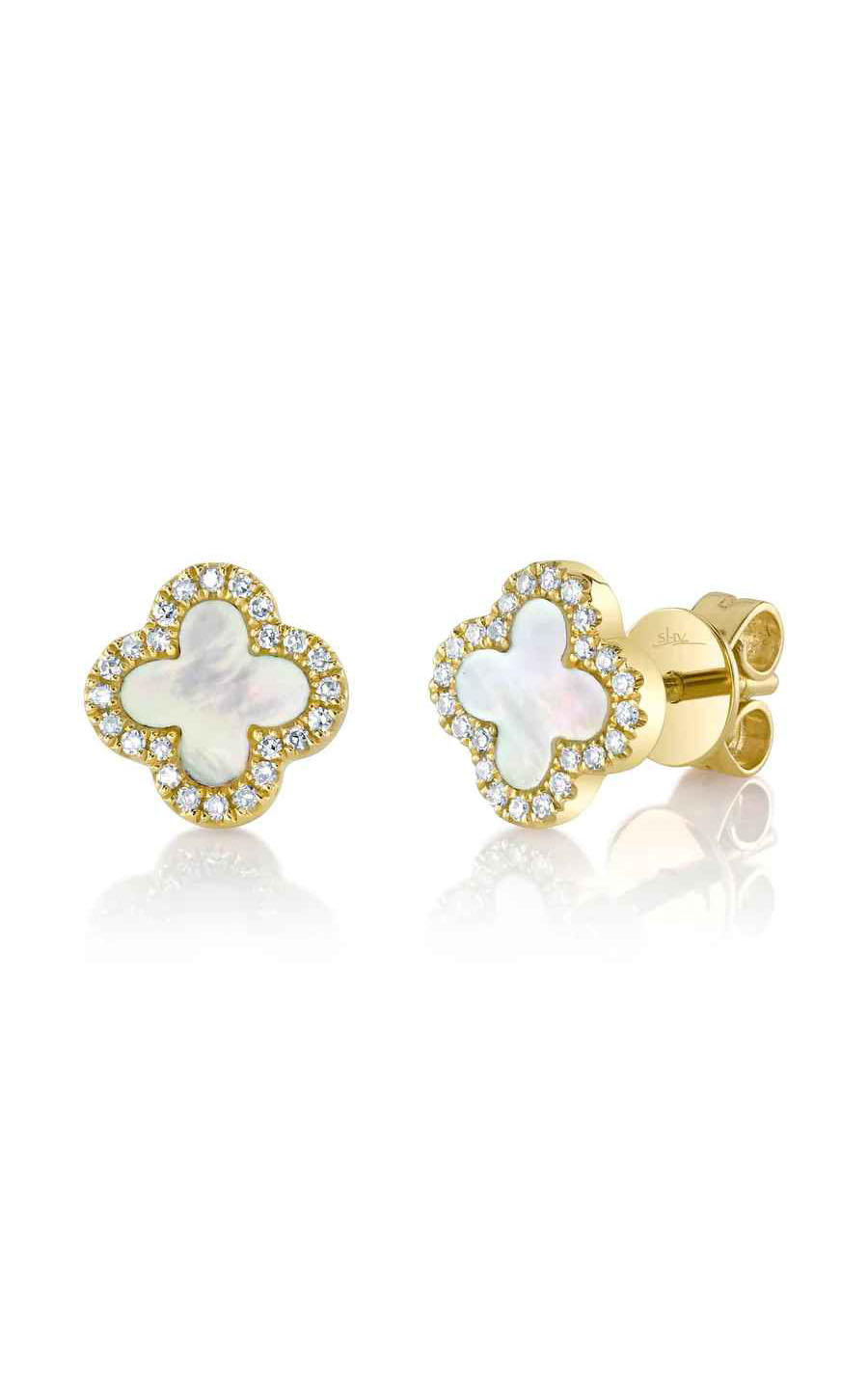 A yellow gold flower shaped stud earrings with diamond halo and mother of pearl center stone