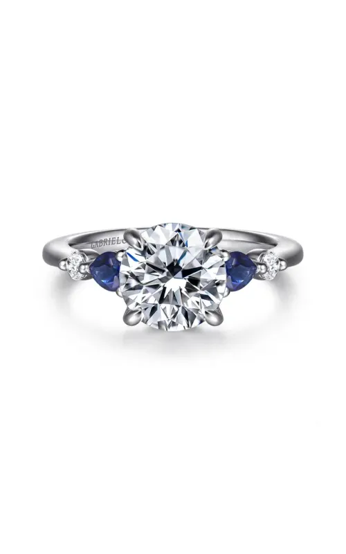 Gabriel & Co. Women's Sapphire Sidestone Hidden Halo Round Engagement Ring In 14K White Gold 1/6CTW