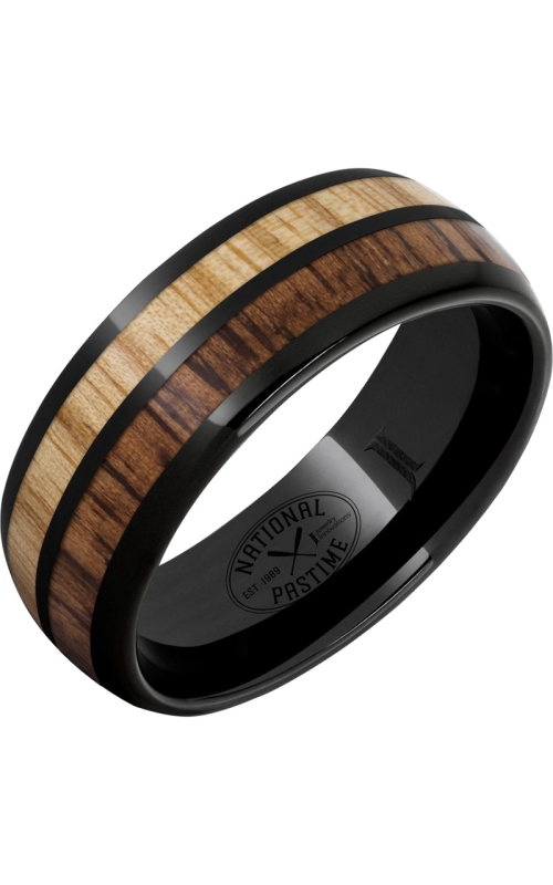 Men's Baseball Bat Wood Inlays 8MM Wedding Band in Black Ceramic