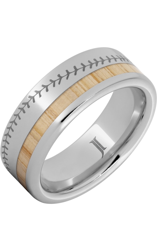 Men's Baseball Stitch Engraving and Bat Wood Inlay 8MM Wedding Band in Serinium