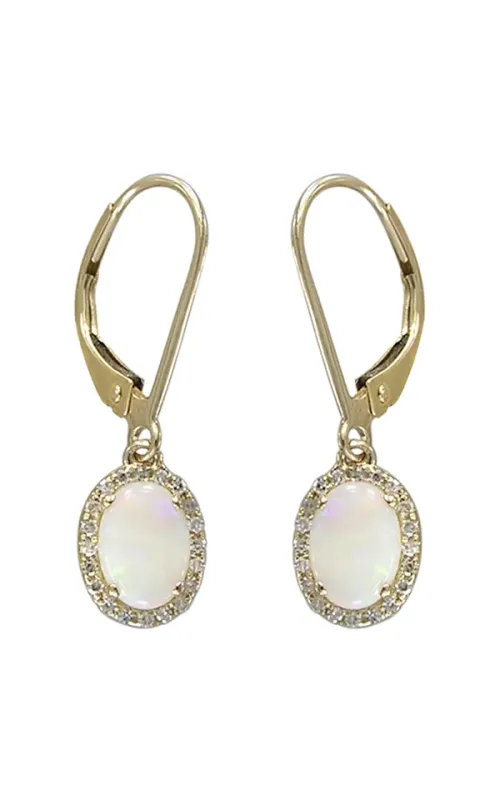 Australian Oval Opal 7x5mm And Diamond Halo Drop Earrings In 14K Yellow Gold 1/8CTW