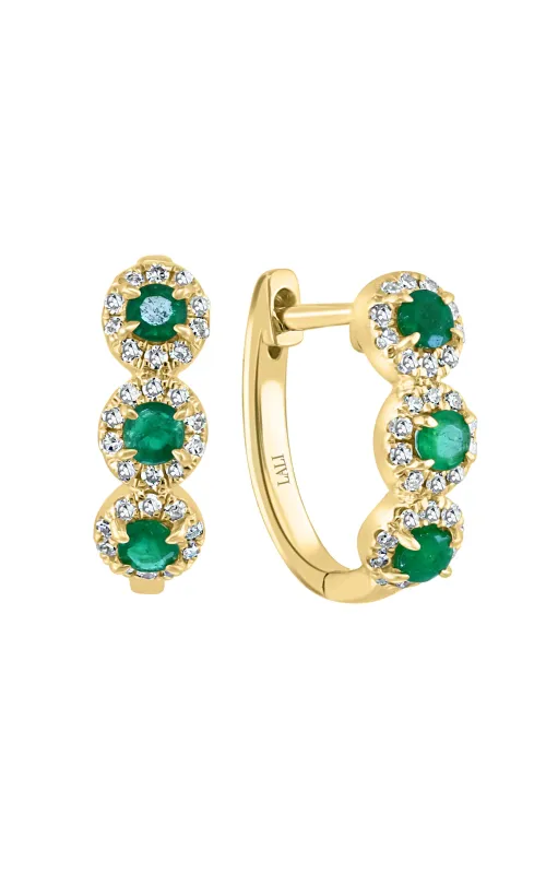 Women's Round Emerald And Diamond Halo Hoop Earrings In 14K Yellow Gold 1/5CTW