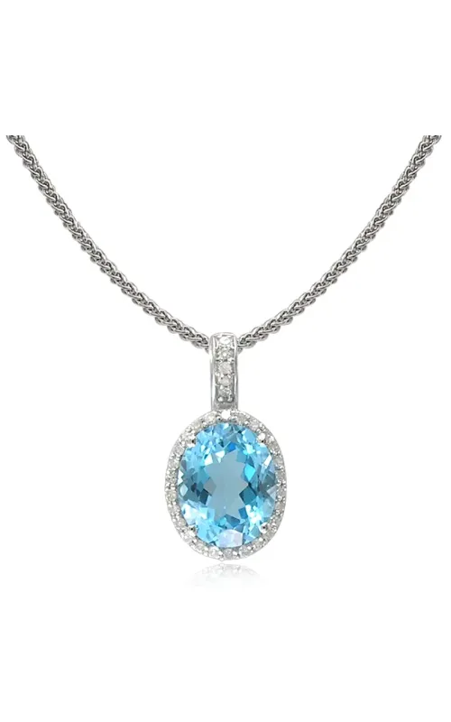Women's Oval Blue Topaz 10x8mm And Diamond Halo Pendant In 14K White Gold 1/8CTW