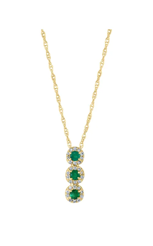 Women's 3 Round Emerald And Diamond Halo Pendant Necklace In 14K Yellow Gold 1/6CTW