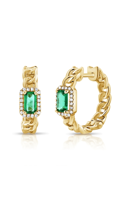 Women's Emerald Diamond Halo Link Hoop Earrings 1/6 CTW in 14K Yellow Gold