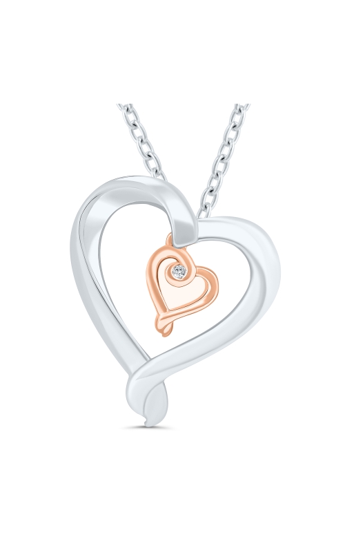 Kissing Hearts Double Heart Diamond Solitaire Pendant 18 Inch Necklace in Two-Tone Sterling Silver