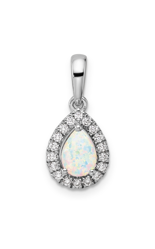 Women's Created Opal Pear Diamond Halo Pendant Necklace In 10K White Gold 1/5CTW