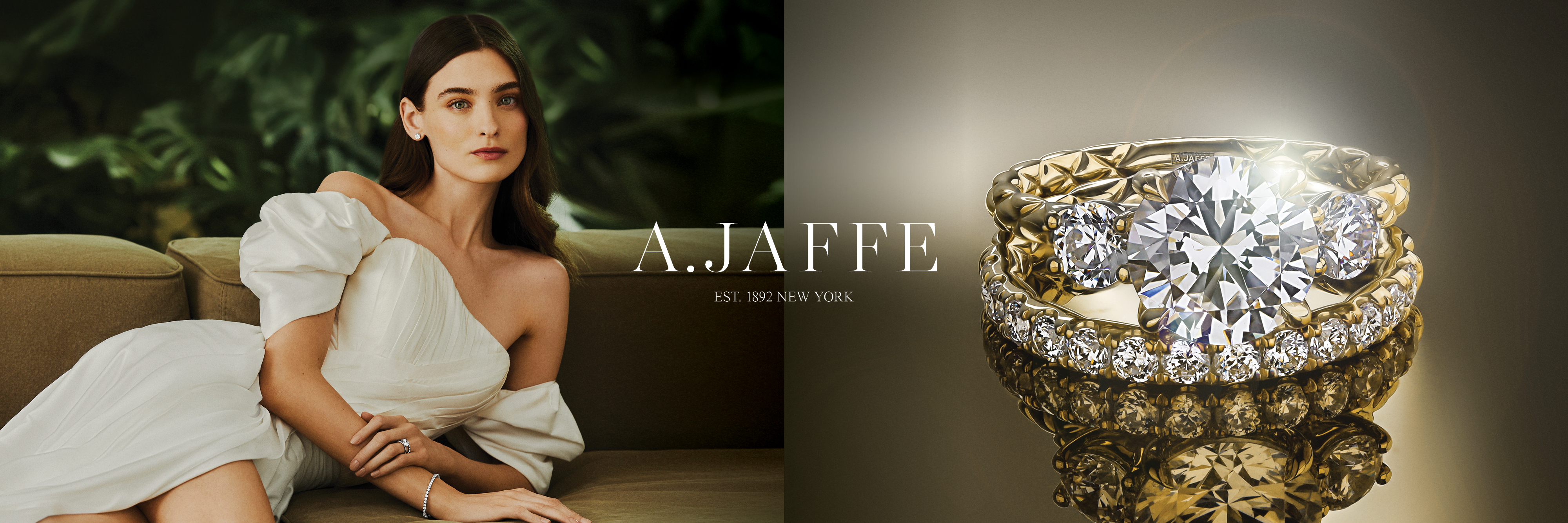 A.Jaffe banner featuring a woman and an engagement ring