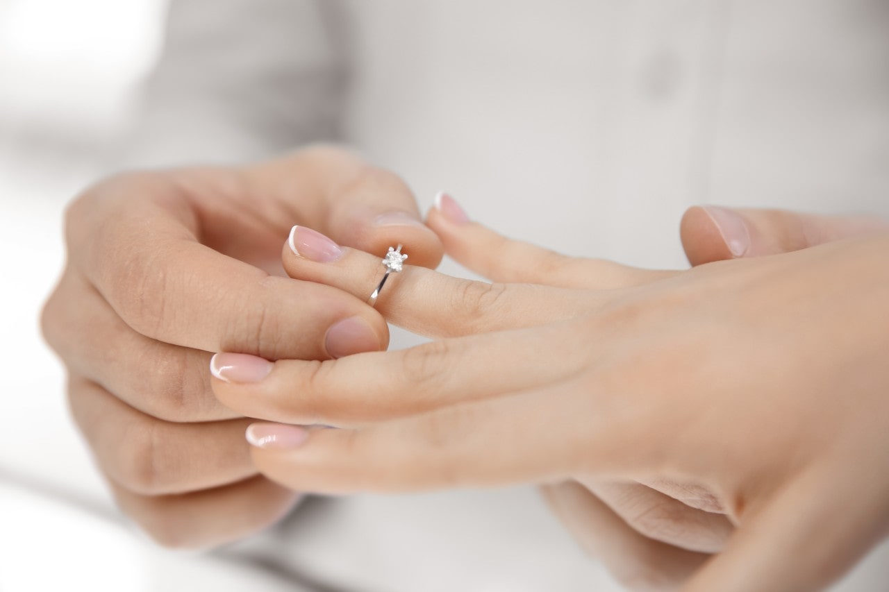 A man slipping a solitaire ring on a woman’s ring finger