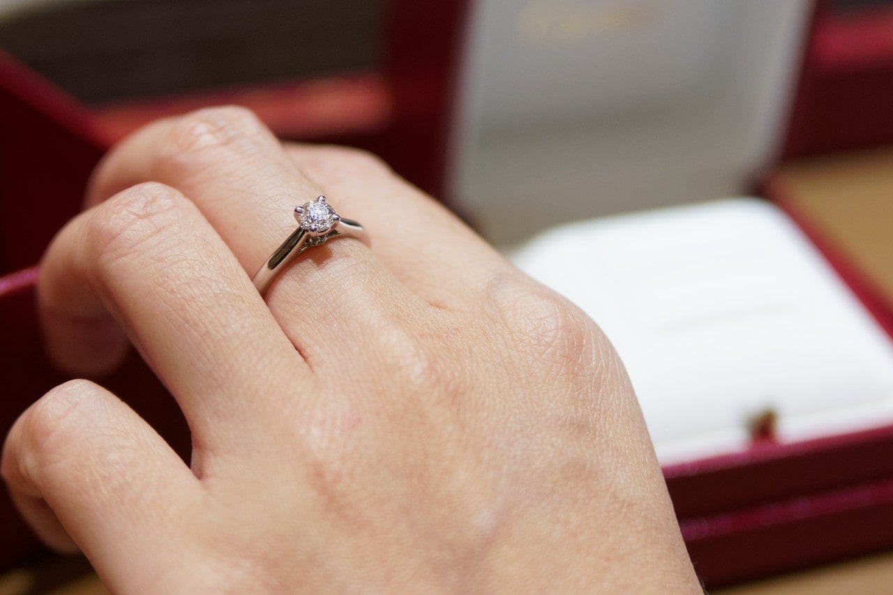 close up image of a hand wearing a solitaire diamond fashion ring