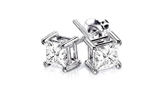 Princess cut diamond stud earrings in silver settings