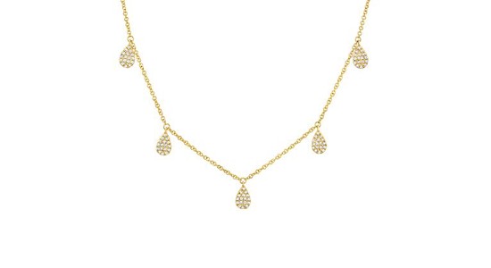 Gold station necklace with teardrop shapes motifs covered in diamonds