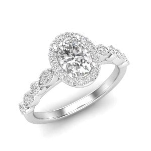 Oval cut halo ring from Love Story in 14k white gold with an oval-shaped cubic zirconia center stone