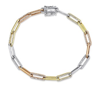 Elongated paperclip links of rose, white, and yellow gold for a unique bracelet highlighted with diamonds intermittently along the chain