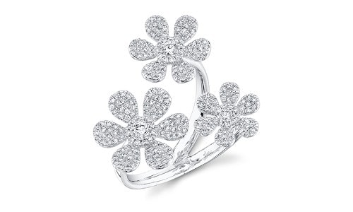 Shy Creation fashion ring with flower designs imbued with diamonds and 14k white gold