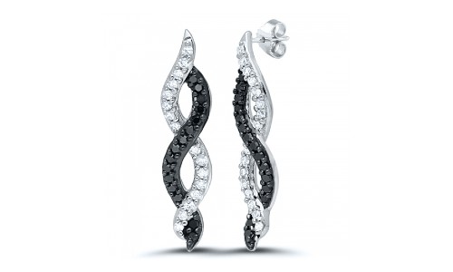 Twisting vine earrings with black and colorless diamonds from the Morgan’s Collection