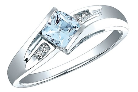 This sterling silver ring from Morgan Jeweler’s in-house collection pairs a princess-cut aquamarine gem with diamonds