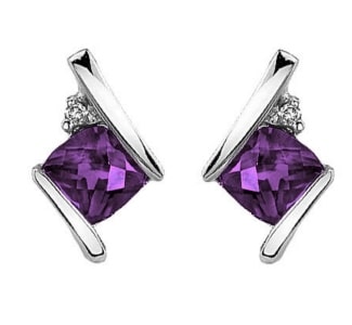 a pair of amethyst stud earrings with diamond accents and sterling silver