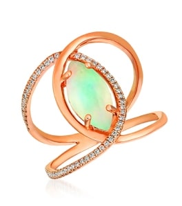 A rose gold fashion ring with a marquise-cut opal from LeVian.