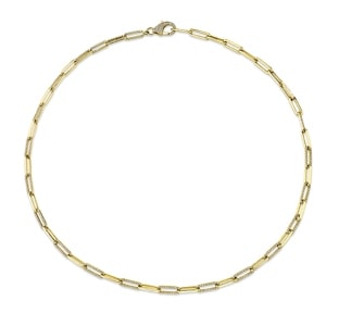 A gold paperclip necklace from Shy Creation with pave-set diamonds.